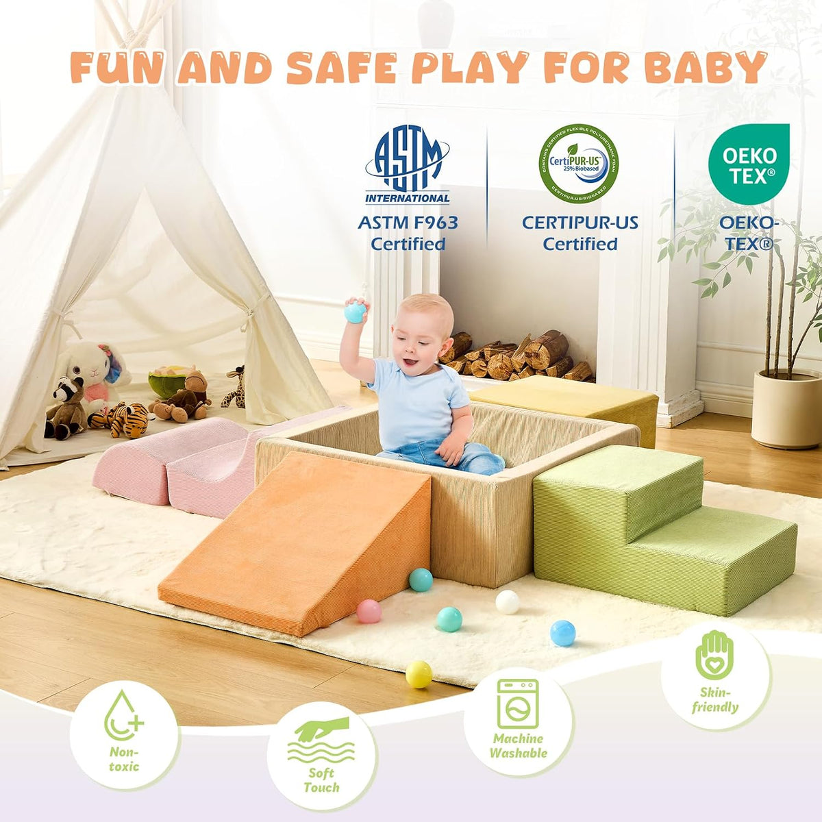 QUCHI foam climbing blocks for toddlers, 5-piece soft play set with ball pit - view 5