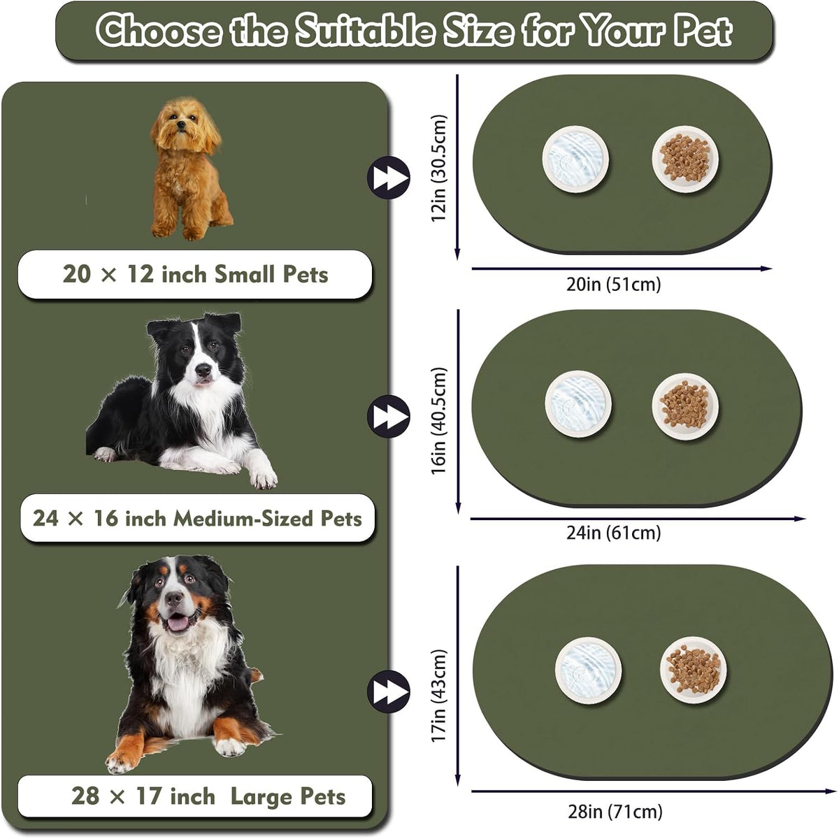 Cat Food Mat Small, 20''x12'' Absorbent Cat Feeding Mat - 20''x12'' / Dark Green - image 3