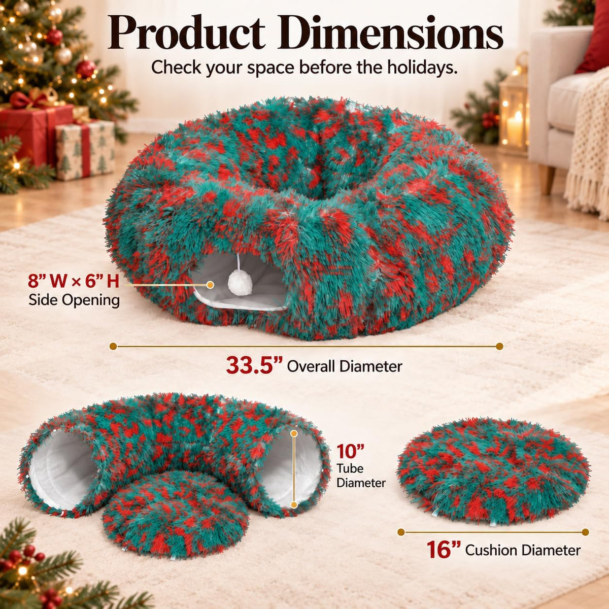 Warm Fluffy Plush Cat Dog Tunnel Bed Under Christmas Tree Big Tube - Green - image 4