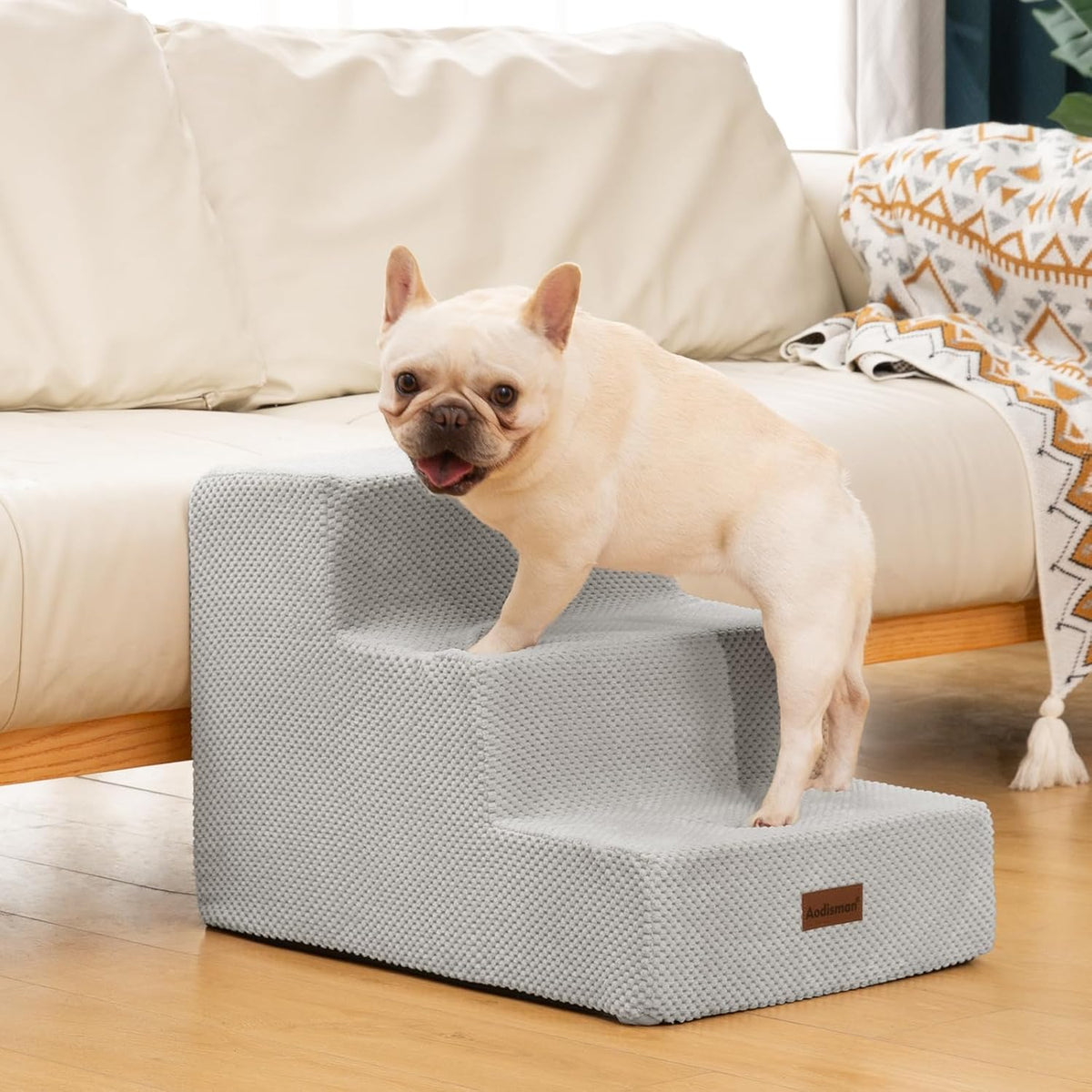 Dog Stairs for Small Dogs & Cats - Light Grey / Wider 3-Step 15.7" H - image 3