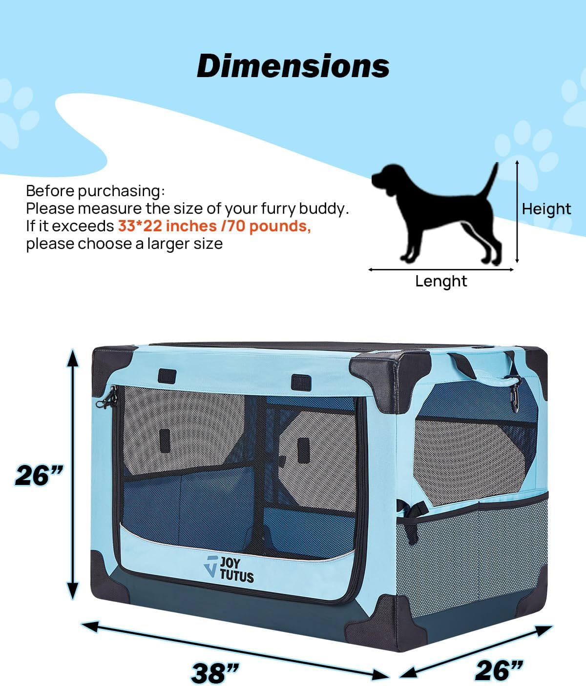 JOYTUTUS Collapsible Dog Crate - 38.0"L x 26.0"W x 26.0"H - image 2