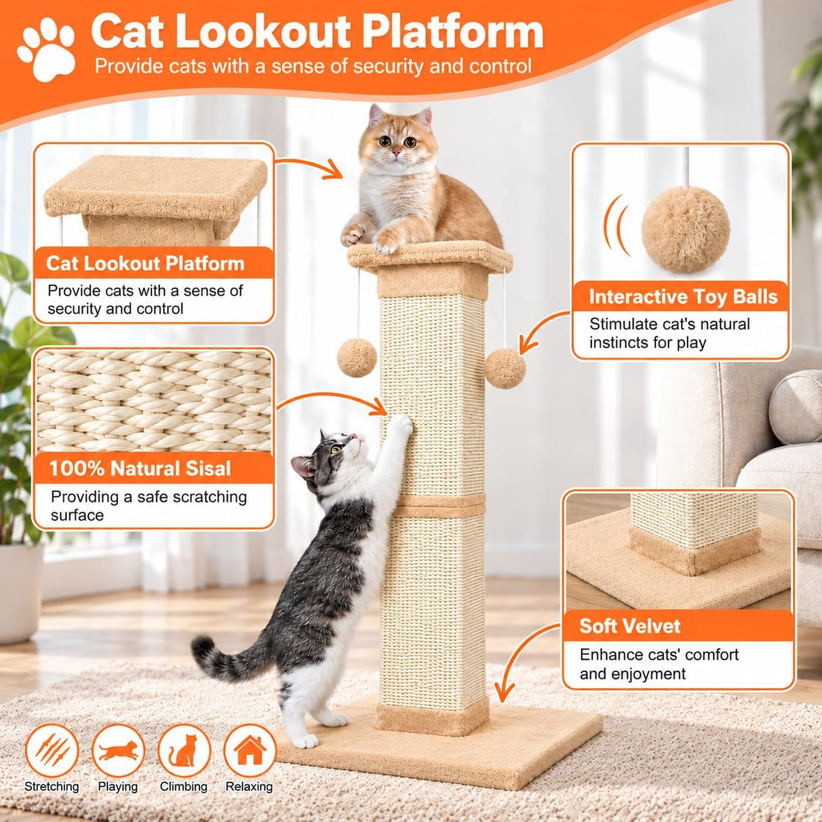 SOCATER Cat Scratching Post 33 Inch, Beige – Essentials for Cats - Orange - image 4