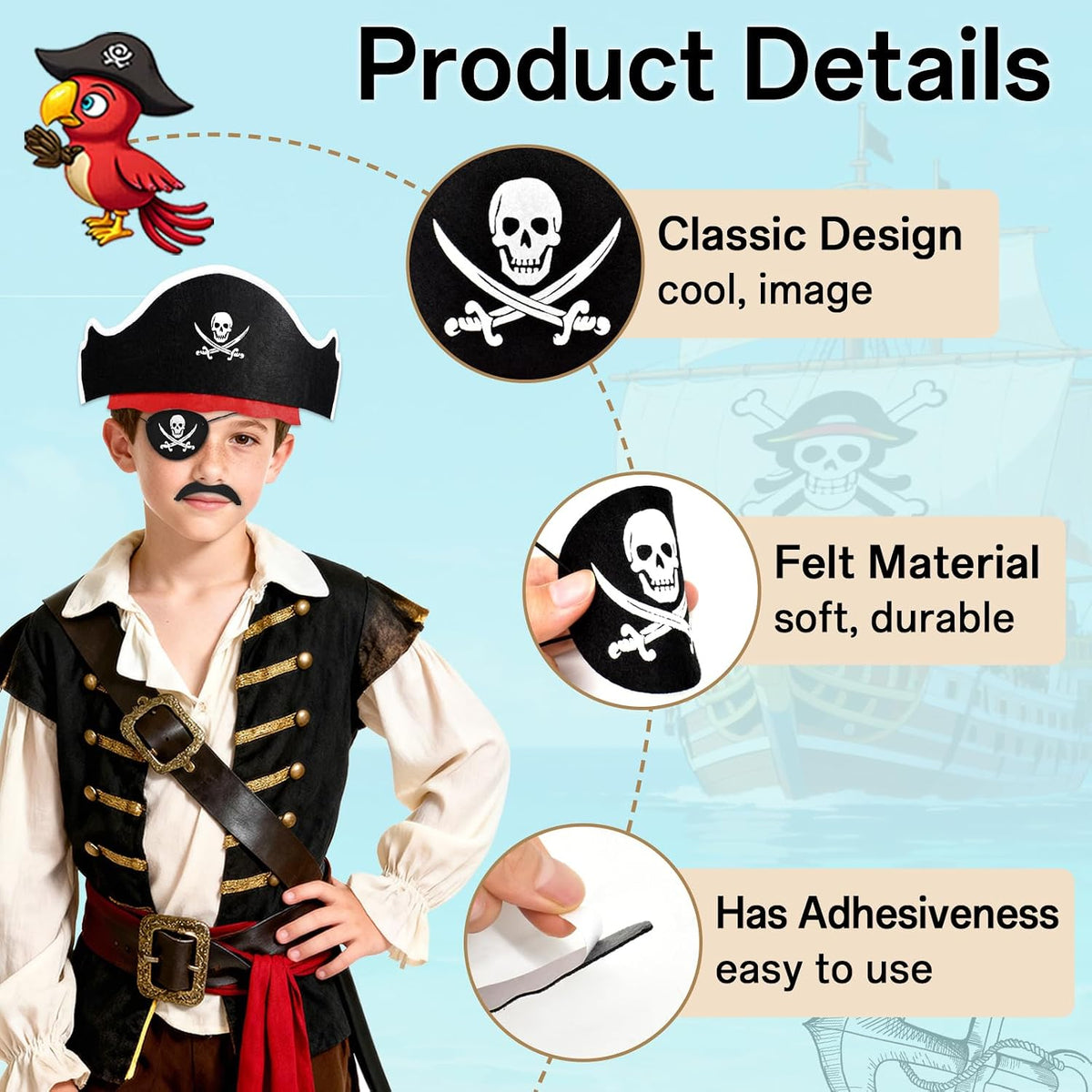 Halatool pirate party hat set with 6 felt hats, 6 skull eyepatches and 6 fake mustaches - view 8