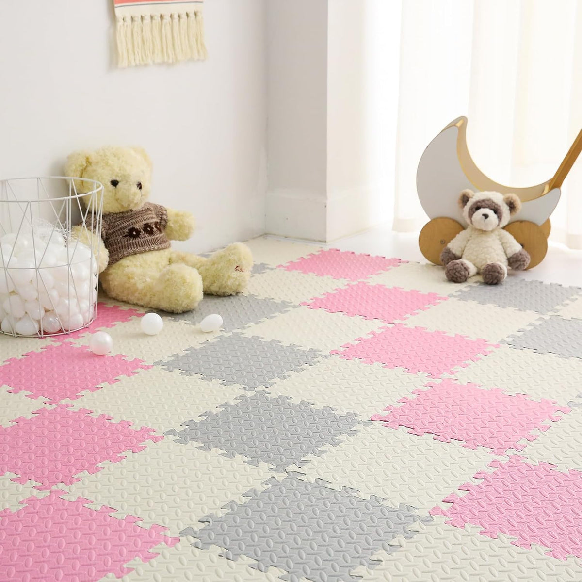 Foam Play Mat for Baby, Soft Non-Toxic Baby Playmat - White/Light Gray/Pink / 16 Pcs/47.2*47.2
