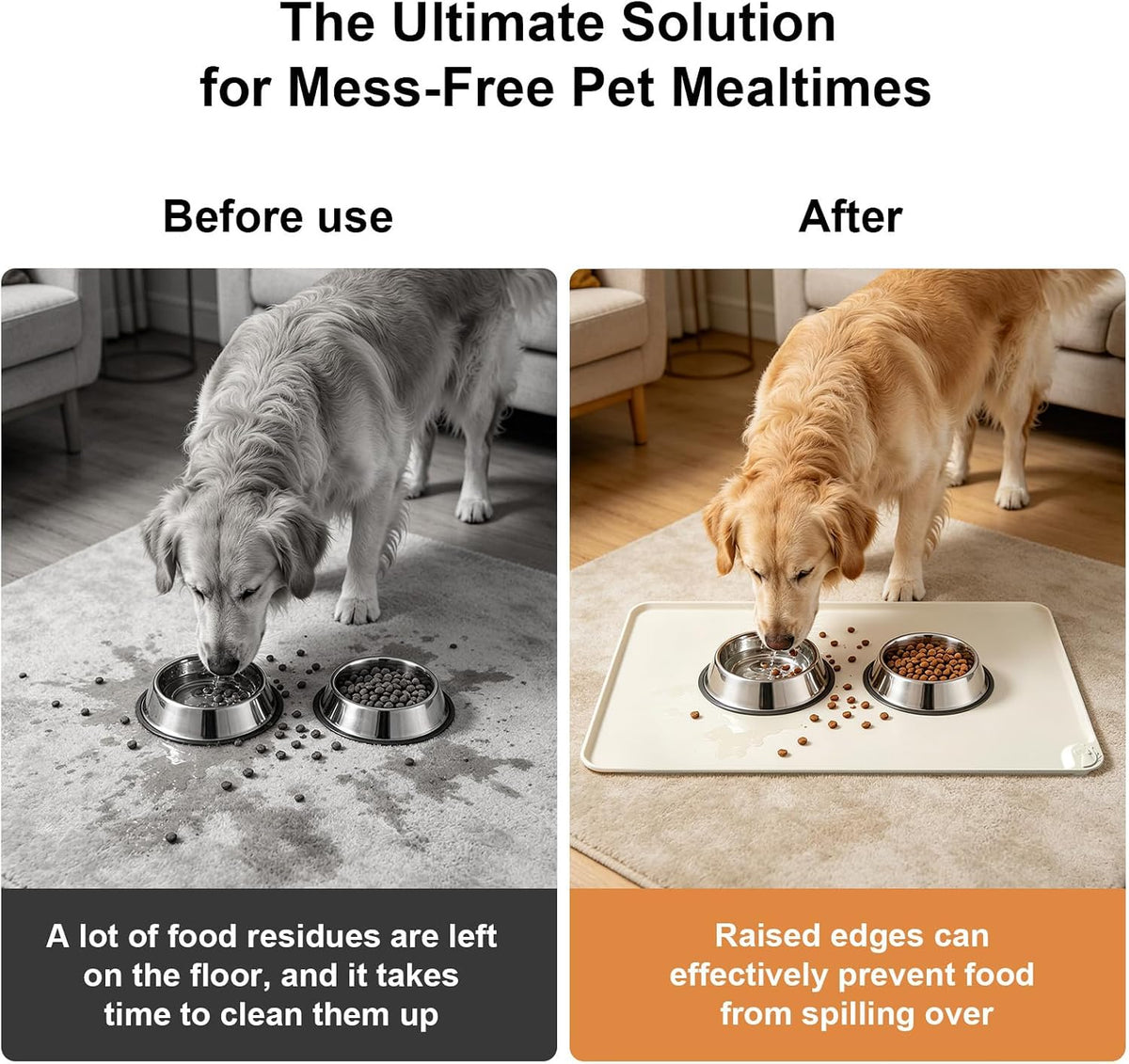 Large Pet Feeding Mat Spillproof Raised Edges Nonslip 24"x16" Beige – Essentials for Cats - Beige / 19"L x 12"W - image 2
