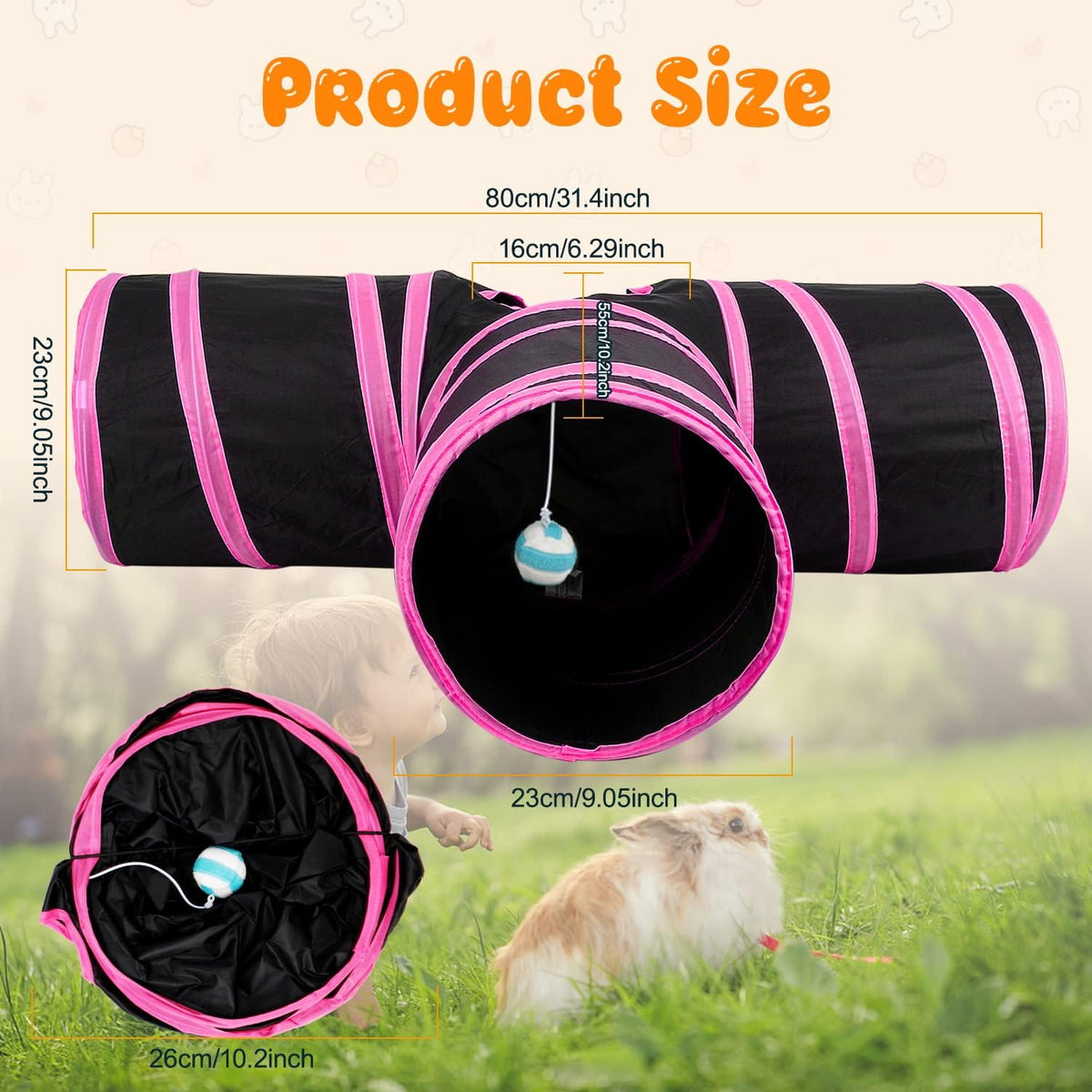 Bunny Tunnels & Tubes, 3-Way Collapsible Rabbit Hideout for Bunnies – Essentials for Small Pets - Rose Red - image 3