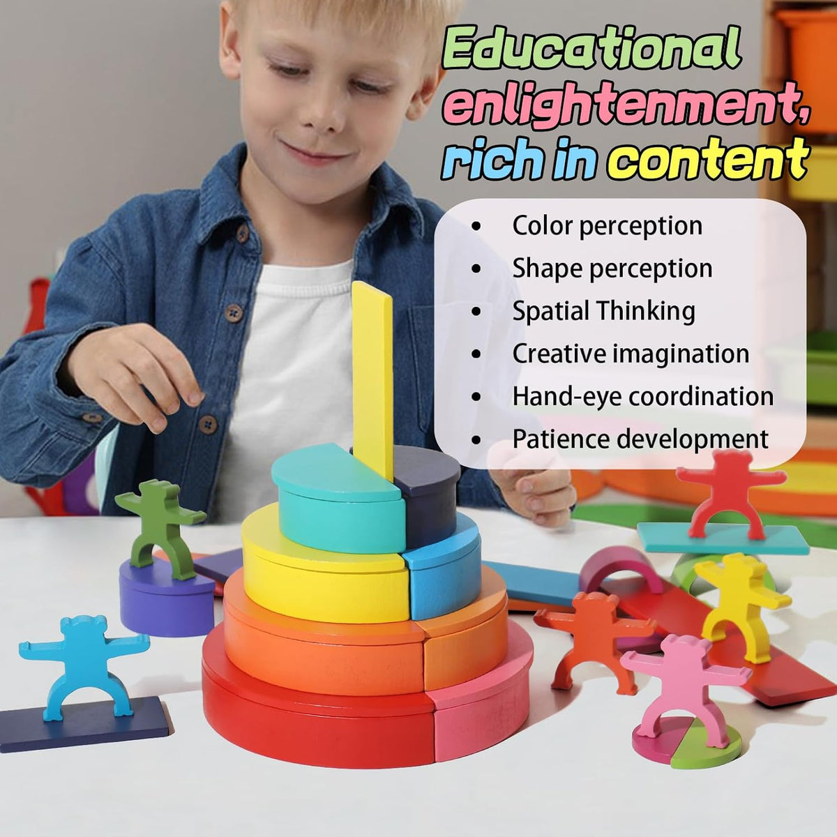 Dinhon wooden rainbow stacking toy with rainbow arches, semi-circle and rectangle blocks and six woo - view 4