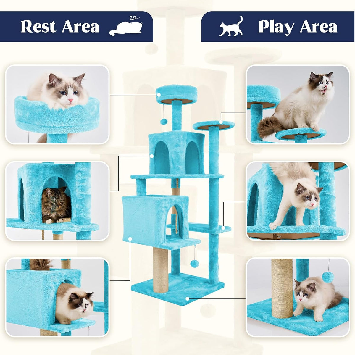 58.5inch Large Cat Tree Tower Condo for Indoor Cats - 58.5in / Peacock blue - image 4
