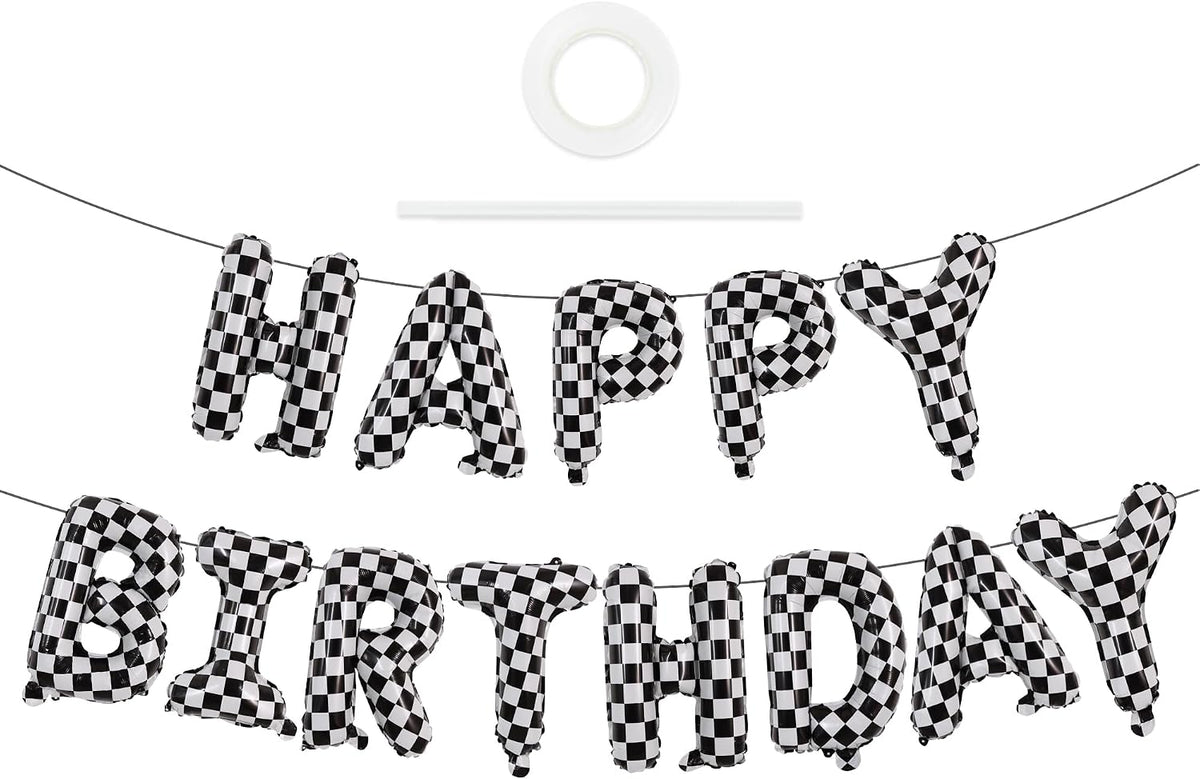 TONIFUL 16 Inch Black Happy Birthday Balloons Banner Decorations - Checkered