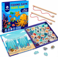 Travofun magnetic fishing game book open with ocean animal pieces and two wooden fishing rods - view 5