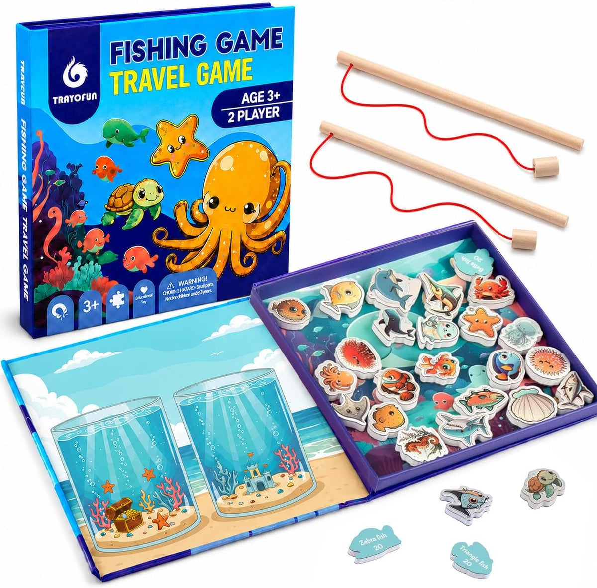 Travofun magnetic fishing game book open with ocean animal pieces and two wooden fishing rods - view 5