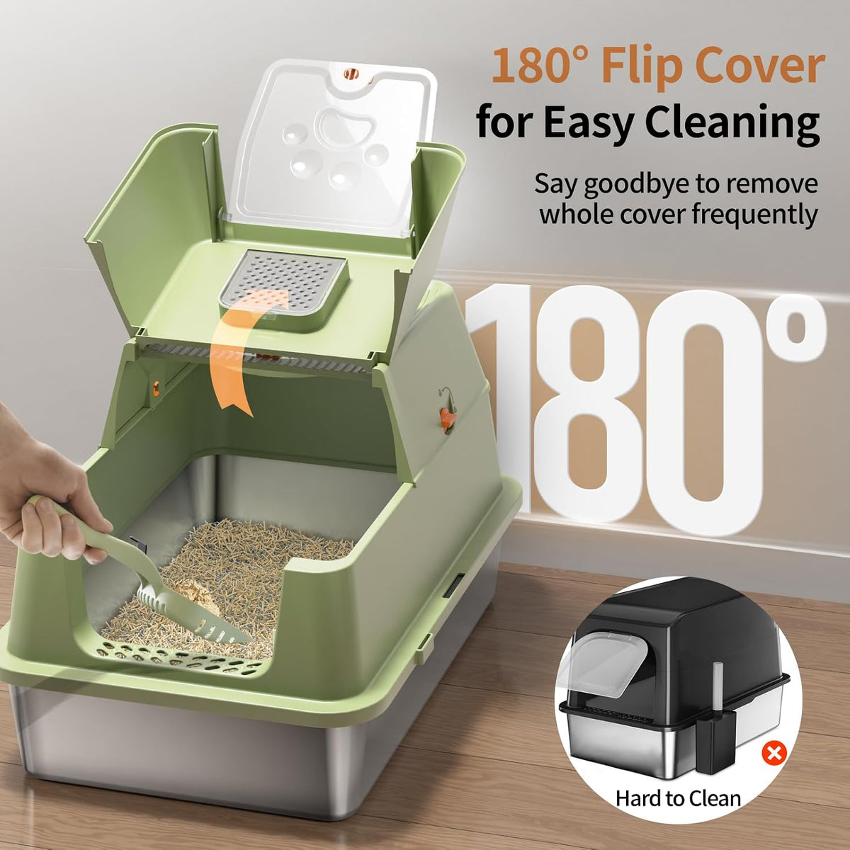 Stainless Steel Cat Litter Box with Lid, Flip-Top XL Large - Green - image 2