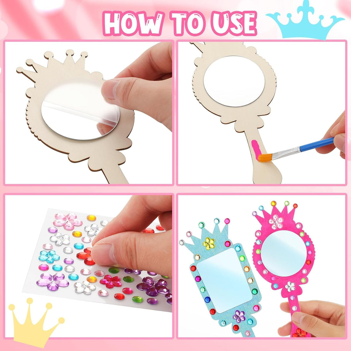 XJWWHZ wooden princess mirror craft kit, 12 DIY mirrors with gem stickers and brushes - view 8