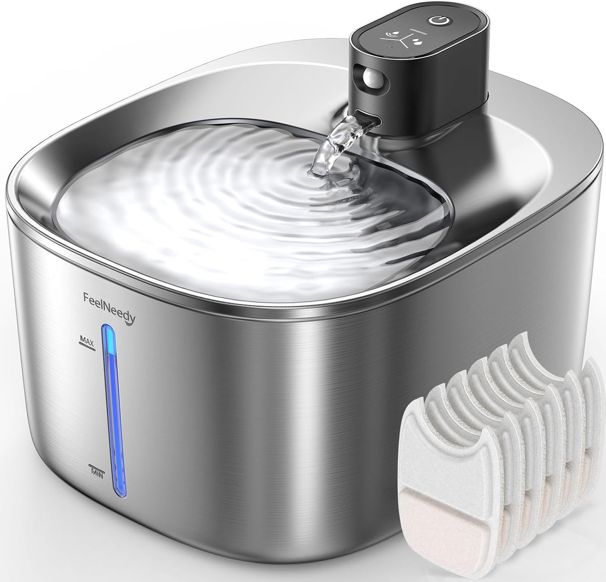 FEELNEEDY Wireless Cat Water Fountain Stainless Steel with Sensor - Stainless Steel Fountain(6 Filters)