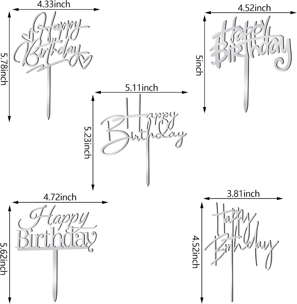 10 PCS Black Happy Birthday Cake Topper Acrylic Cupcake Topper - Silver - image 3
