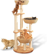 54" Modern Cat Tree Tower for Indoor Cats, Oak Cat Scratching Tree for Multiple Large Cats, Manual Hand Woven Luxury Cat Condo, Unique High-end Design Cat Furniture Activity Centre, Easy Clean