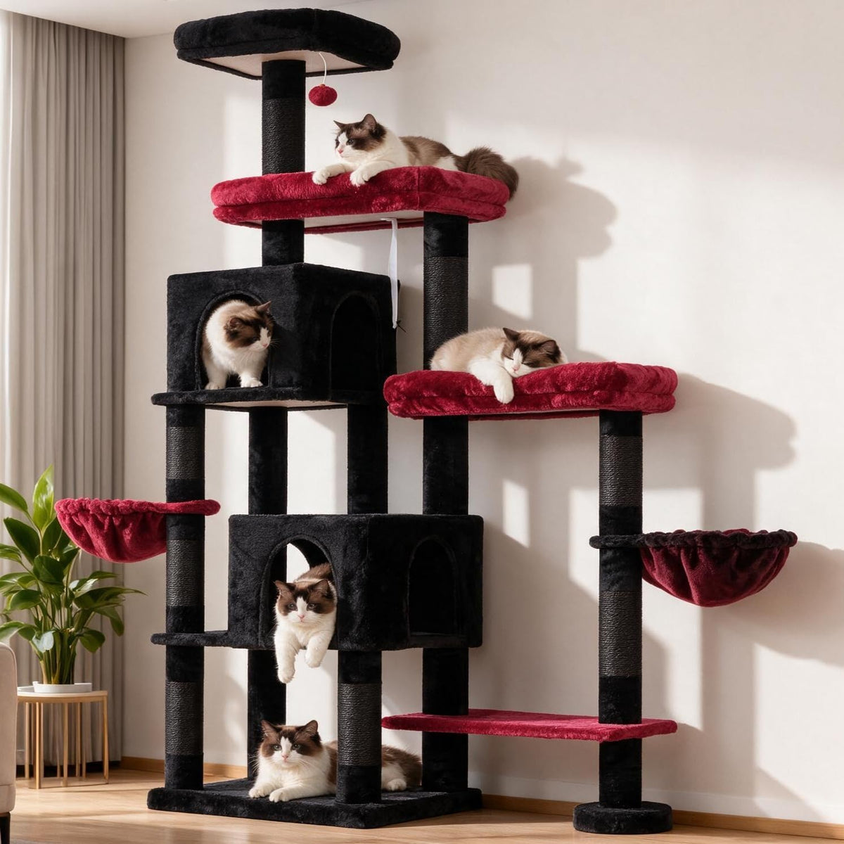 Hey-brother Cat Tree Tower with Stable Extended Base - Black and Red