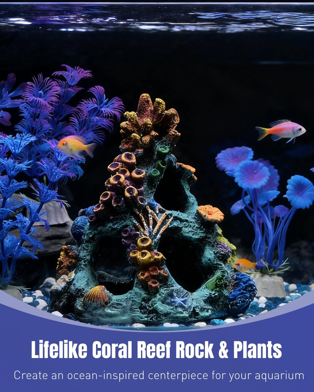 Uniclife Aquarium Decorations Resin Coral Rock Mountain Cave Fish - Green Coral Tower + Purple Seaweed - image 3