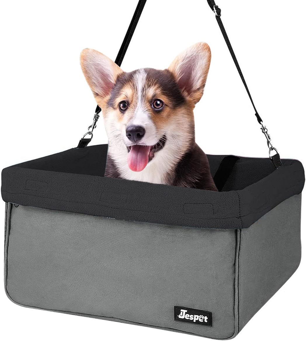 Jespet Dog Booster Seat for Cars, Travel Carrier with Seat Belt – Essentials for Dogs - Black-16 L x 13" D x 9" H