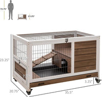PawHut Wooden Rabbit Hutch Indoor Outdoor, Elevated Bunny Cage with No Leak Tray Enclosed Run with Wheels, Ideal for Guinea Pigs and Small Animals, Brown