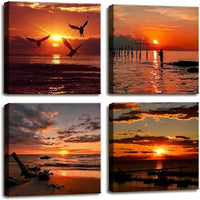Yxbhhym-Black and Red Ocean Wall Art Beach Pictures Sea Sunset Wall Art Sunrise canvas prints photos Seascape poster painting Framed wall decor Bedroom Living Room Decor Bathroom Accessories