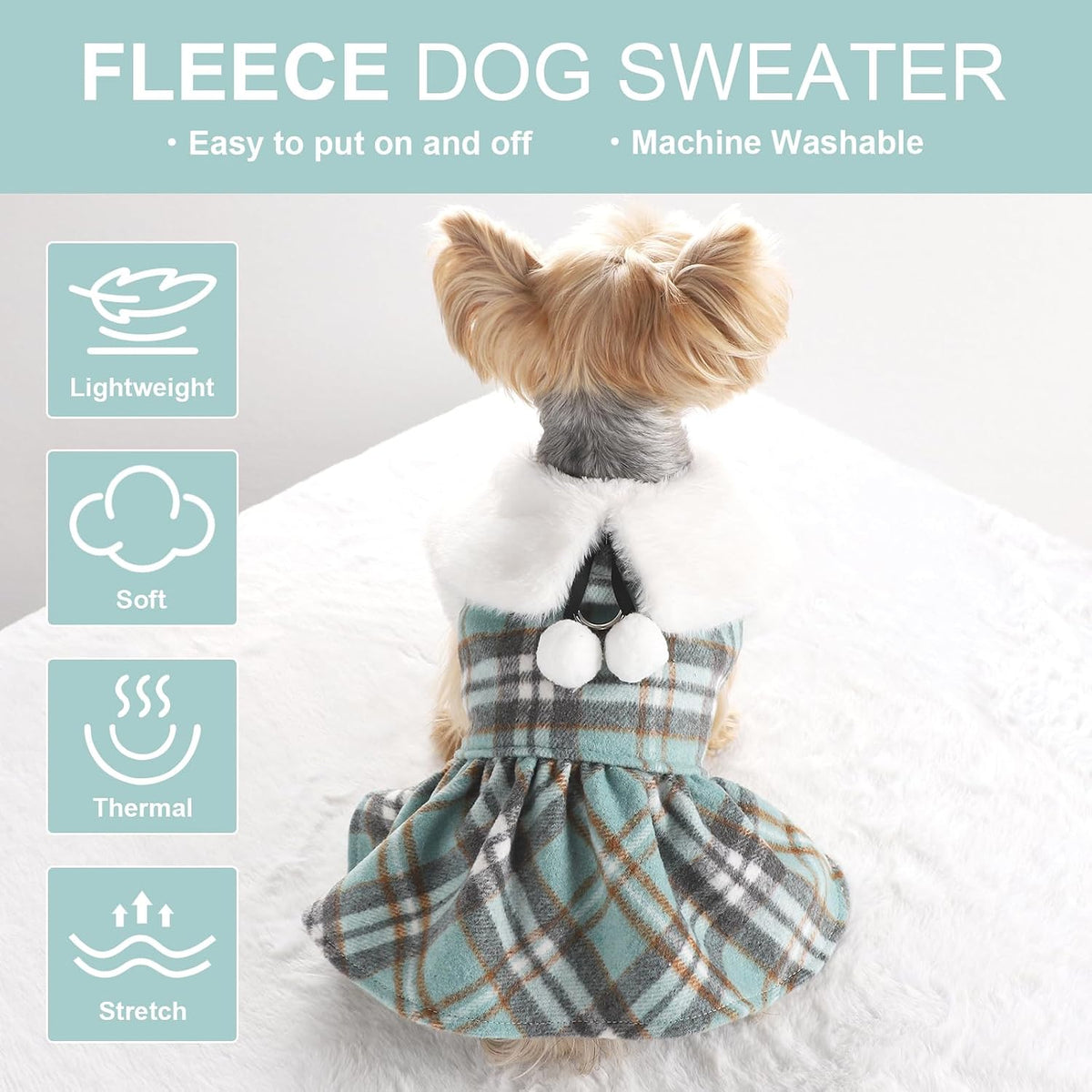 Dog Sweater with Leash Set D Ring Plaid Fleece Dog Clothes for Small - Medium (Chest 17in ) / Turquoise with Leash - image 3