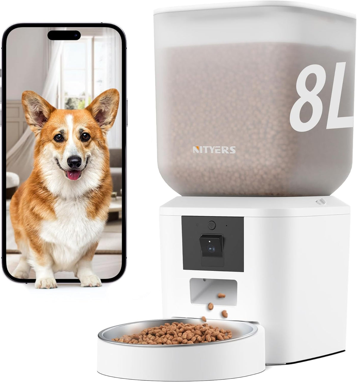 Automatic Cat Feeder for 2 Cats, Timed Cat Food Dispenser - Pure White / Camera & WiFi-One Bowl