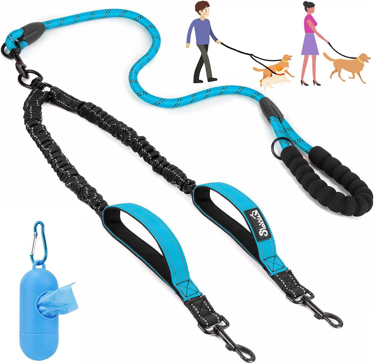 Lukovee double dog leash with padded handles, bungee leads and swivel clasp, size M