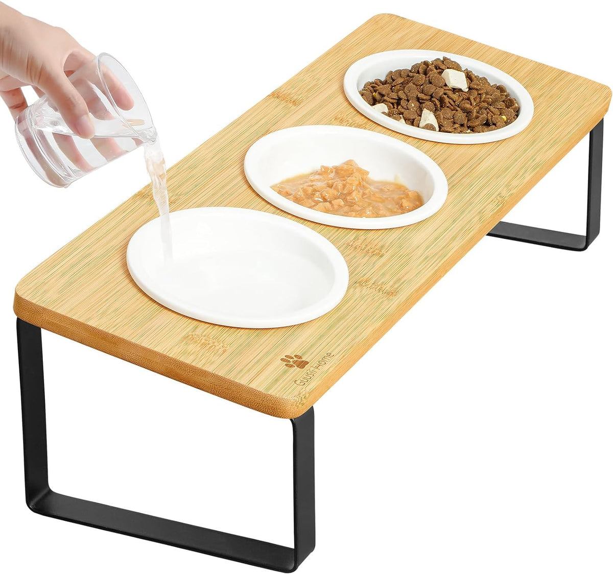 Sunhoo Raised Cat Food Water Bowl Elevated Tilted Kitty Dishes Set - Wood Color