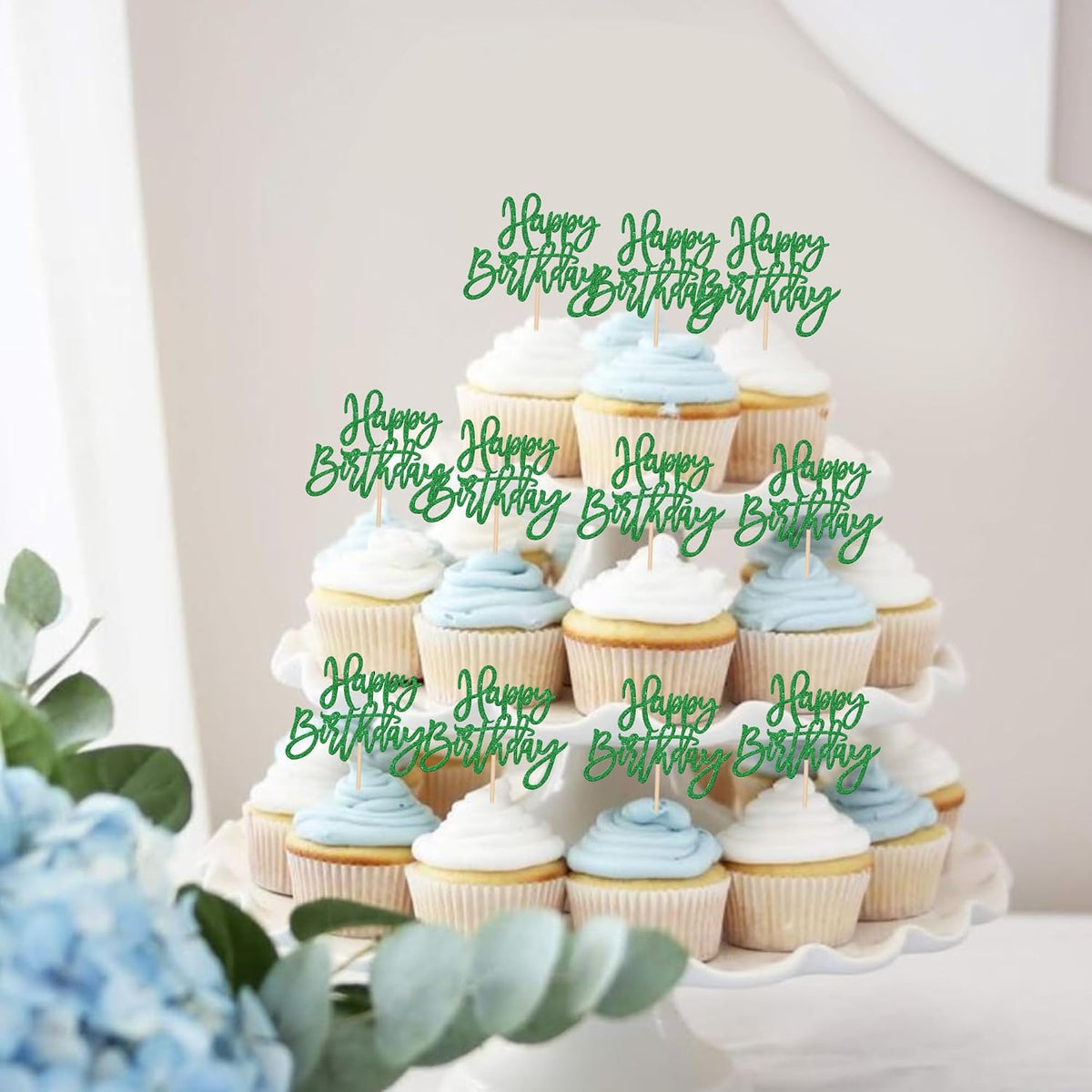 24 PCS Happy Birthday Cupcake Toppers Glitter Picks for Celebrating - Green - image 4