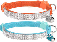 2 Pack Soft Velvet Safe Bling Diamond Cat Collars with Bells – Essentials for Cats - Lake Blue + Orange / 9"-12" Cats / Mini Dogs