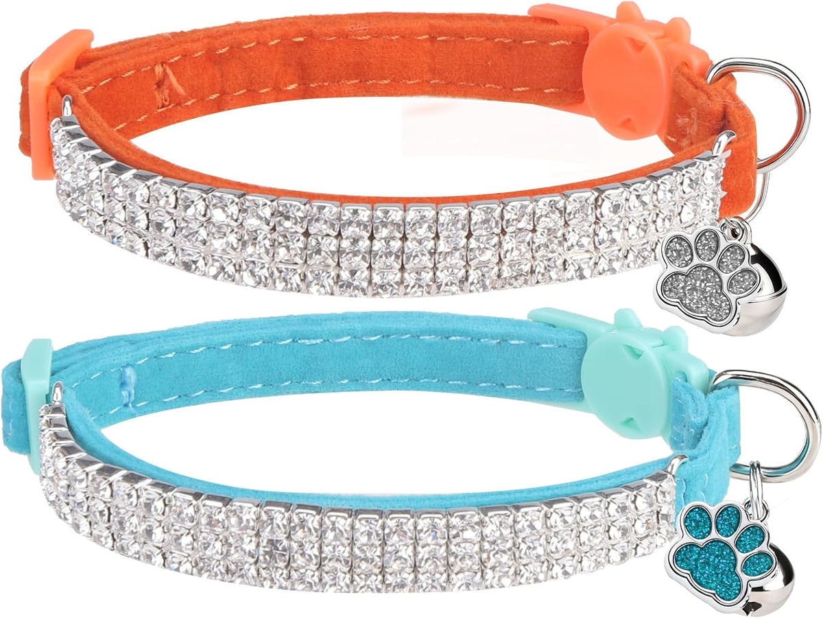 2 Pack Soft Velvet Safe Bling Diamond Cat Collars with Bells – Essentials for Cats - Lake Blue + Orange / 9"-12" Cats / Mini Dogs