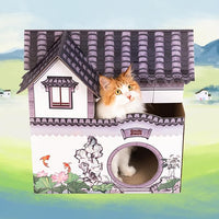 Cat Beds for Indoor Cats, Cardboard House with Scratchers, Tea House, Large Sturdy Cat Furniture Condo Cave Tent, Easy to Assemble Pet Toys Accessories Stuffs, Bunny Small Animals