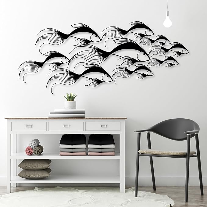 School of Fish Metal Wall Art, Metal Fish Wall Decor, Sea Life Wall Art, Large Nautical Wall Hanging, Modern Beach House Wall Decor, Ocean Themed Artwork for Bathroom (Silver, 30"x12" | 76x32cm)