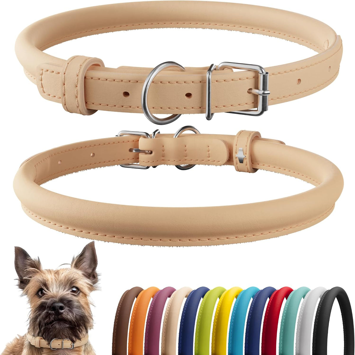 Soft Leather Cat Collar with Safety Elastic Strap - Neck Fit 6" / Beige