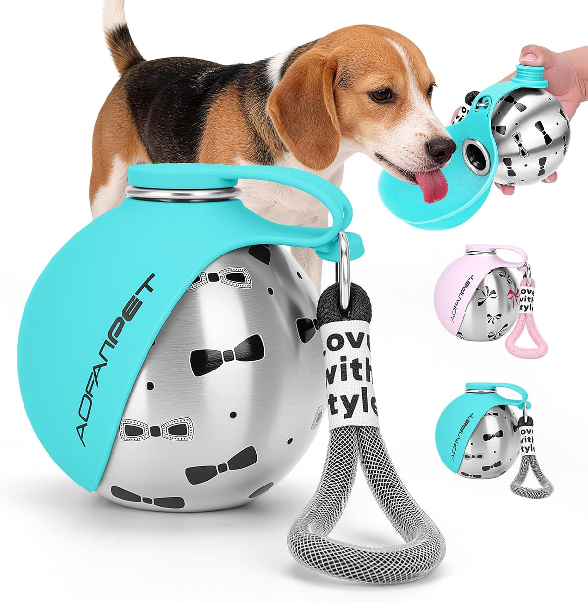 Portable Dog Water Bottle - Blue Bow Print