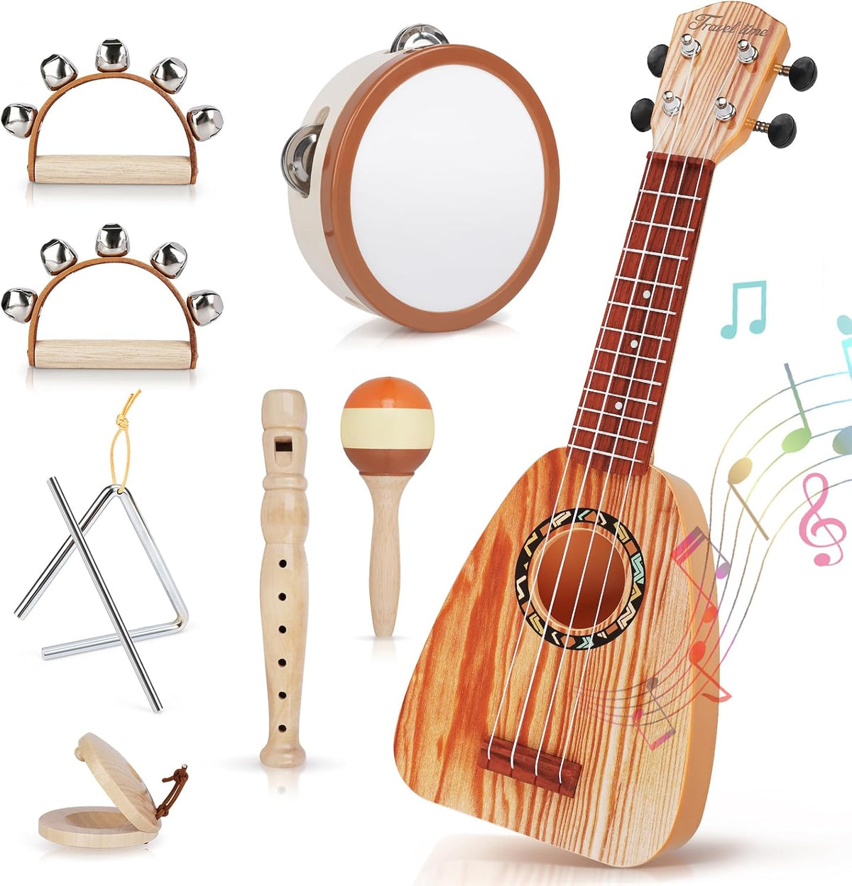Vanplay kids guitar set with ukulele, maracas, tambourine, flute, castanets, triangle and hand bells