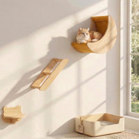 Cat Wall Shelves Set, Solid Wood Moon Bed - moon bed with 3-levels ladder