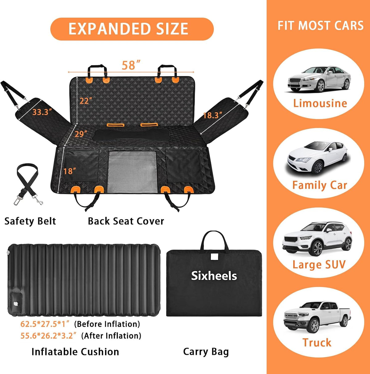Dog Car Seat Cover Back Seats Protector - For Full Size Truck / Full Size SUV / Black with Inflatable Cushion - image 2