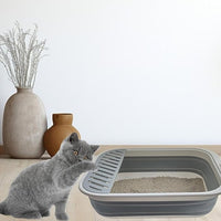 Senior Cat Litter Boxes, Collapsible Open Low Entry Cat Litter Pan with Scoop Travel Kitten Potty Foldable Pet Toilet for Sick Disabled Older Elderly Cats Grey 20.9x15.7x5.7 inch
