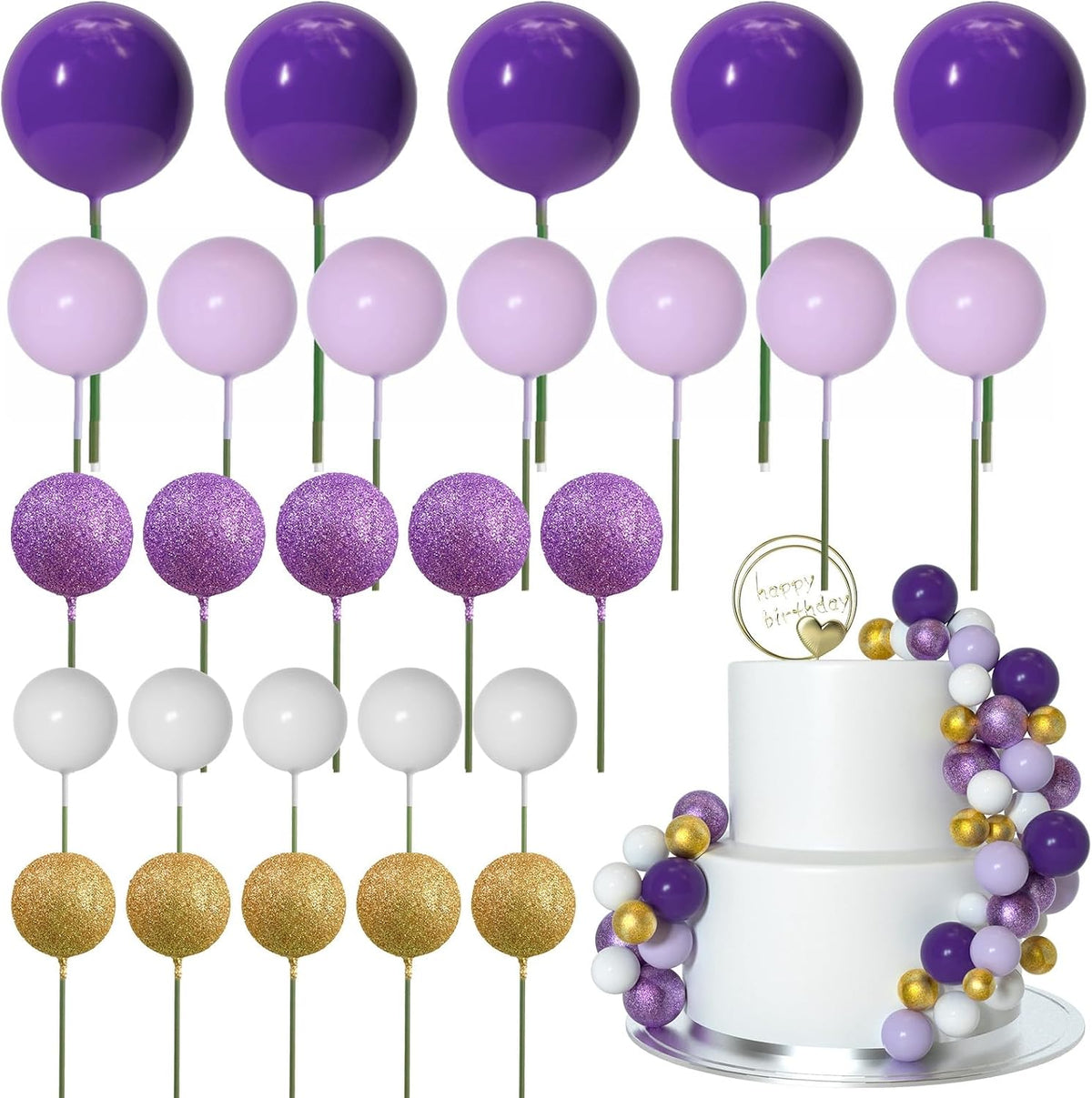 ASTARON 50 Pcs Ball Cake Topper Sticks Mini Balloons for Cake - Purple Series