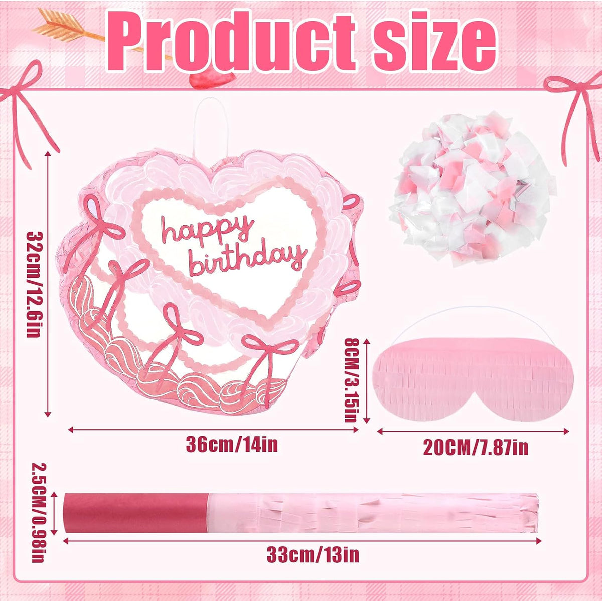 Feifeiya pink bow piñata with pink and white bat, eye masks and confetti - view 10