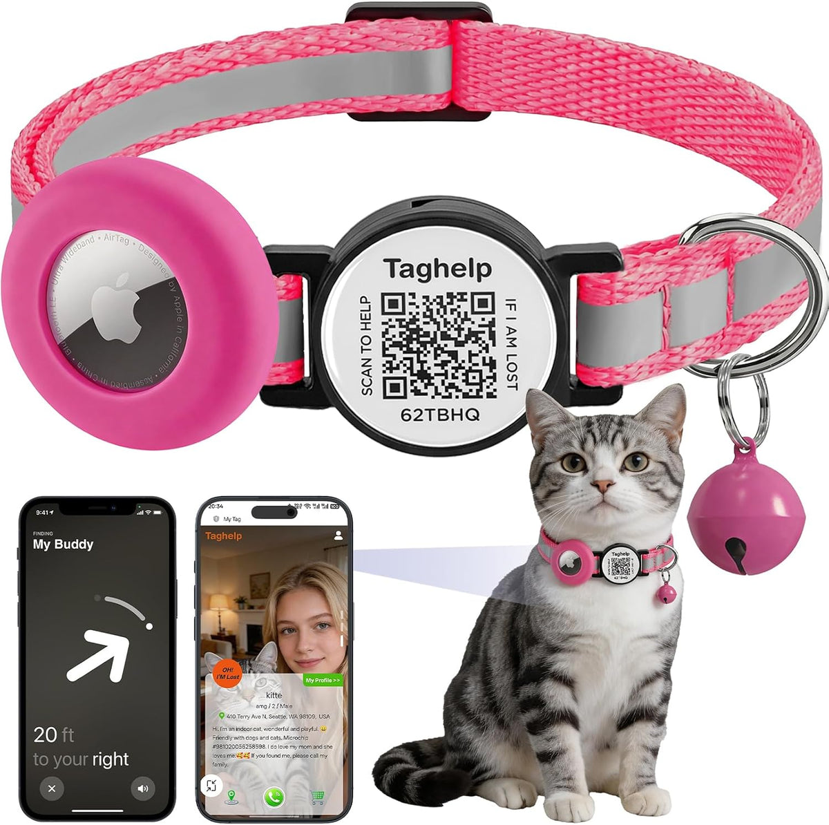 AirTag Holder Breakaway Cat Collar QR Code, Reflective Bell – Essentials for Cats - Striped Reflective -Rose Red / with Integrated AirTag Holder