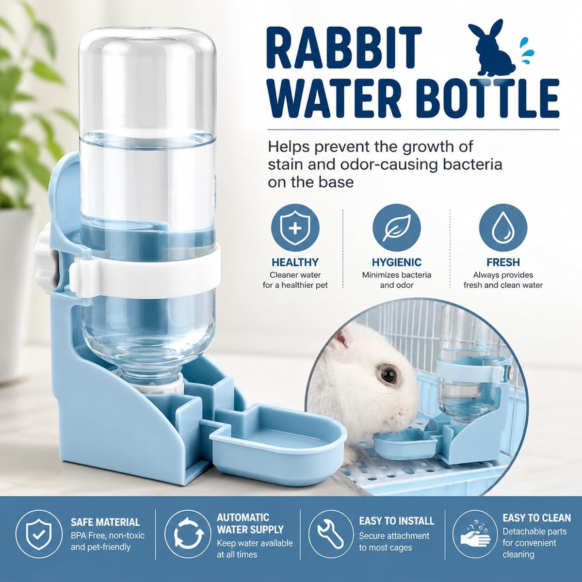 Rabbit Water Bottle No-Drip, Bunny Guinea Pig Water Dispenser – Essentials for Small Pets - Blue - image 3
