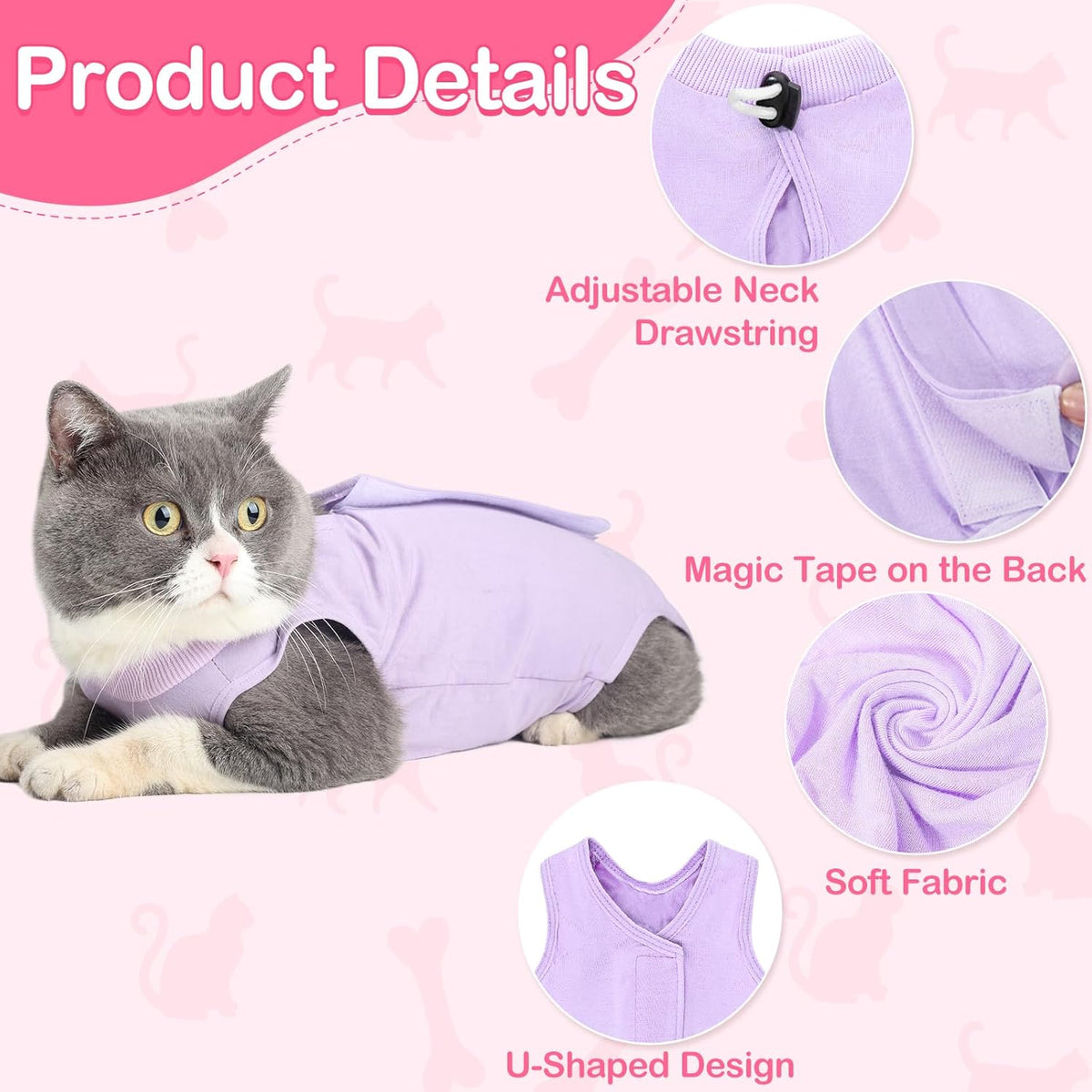 Cat Recovery Suit for Abdominal Wounds Cat Onesie After Surgery Female – Essentials for Cats - Purple / Large - image 3