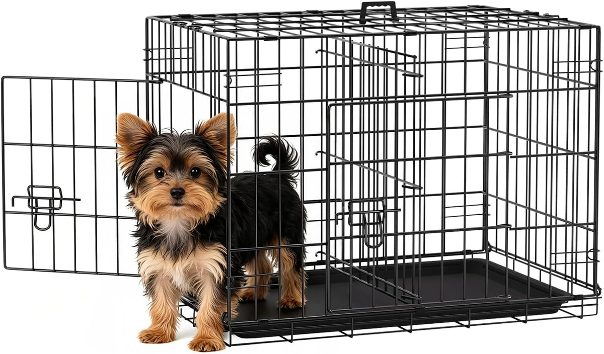 FDW, 48" Foldable Metal Dog Crate, Cage for XL Dogs - Black / 24 Inch Double Door