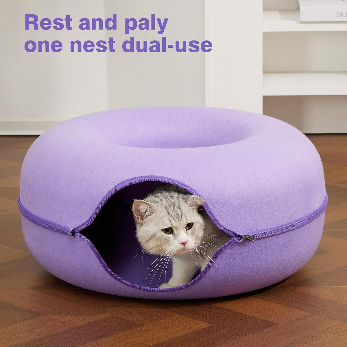 Large Cat Tunnel Bed for Indoor Cats with 3 Toys - L(24x24x11) / Purple - image 2