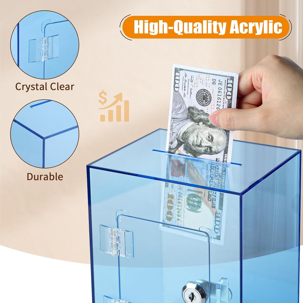 Hicocool Clear Acrylic Piggy Bank with Lock & Key - Blue - image 4