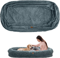 Orthopedic Human Dog Bed, with Faux Fur Washable Cover, Blanket - Bluish Grey / Cover (72x40x10)