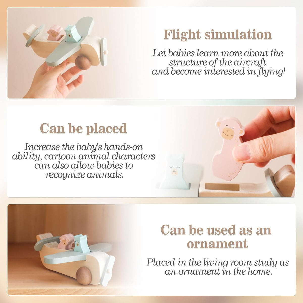 Ibwaae wooden airplane toy for toddlers, beech wood push along plane - view 4